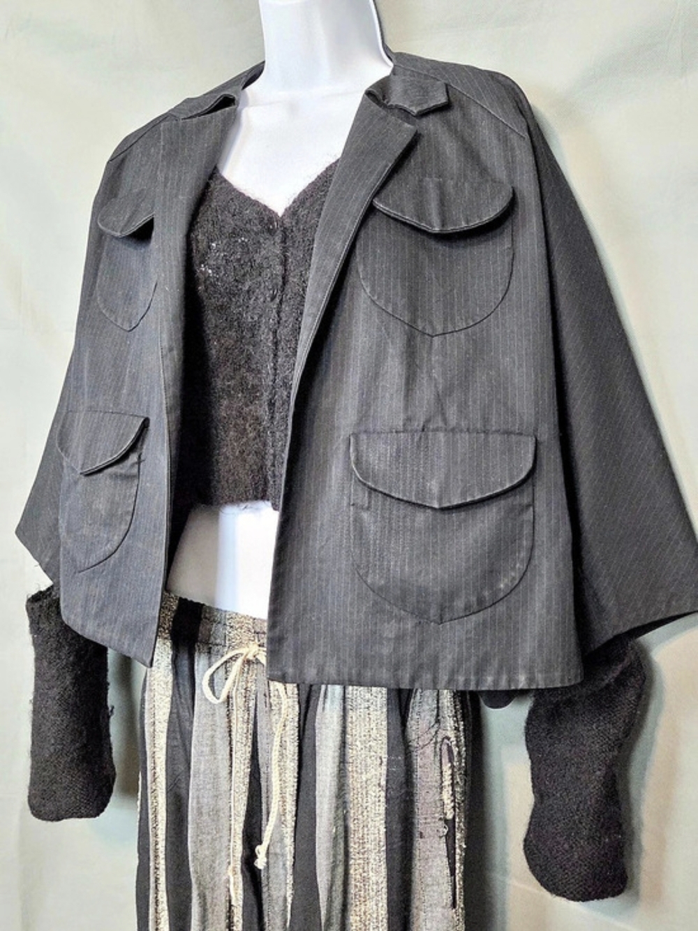 Vintage Cropped Batwing Blazer in Blue And Grey Pinstripe